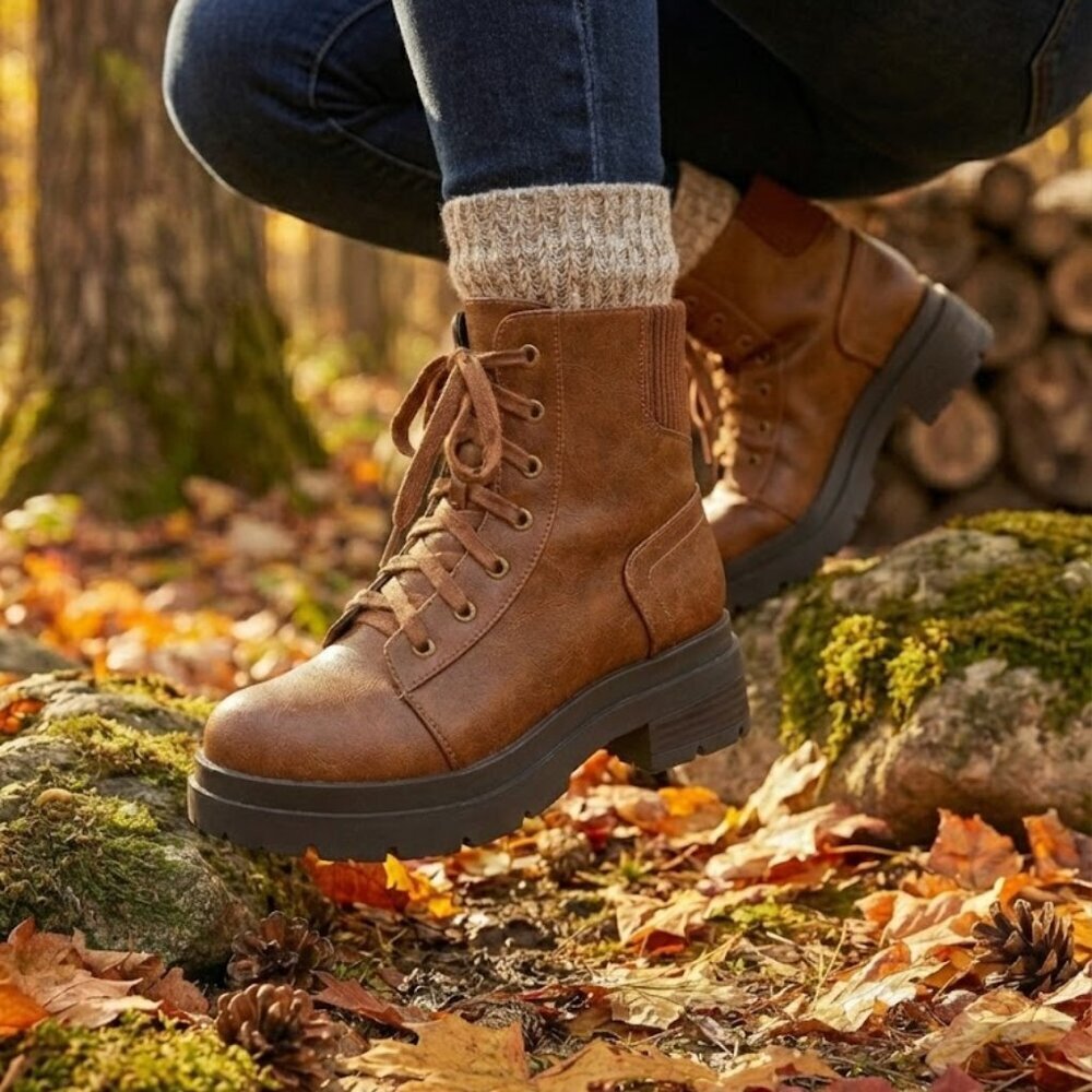 NWT SODA Brown Combat Hiker Boots Knit Cuff Lug Sole Lace Up Ankle Bootie - Picture 3 of 6